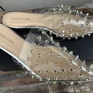 Cream and Silver Studded Mules with Kitten Heel